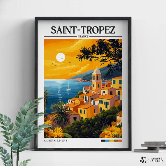 Sainttropez Retro Travel Print Wall Art Framed Canvas Poster Illustration Wanderlust