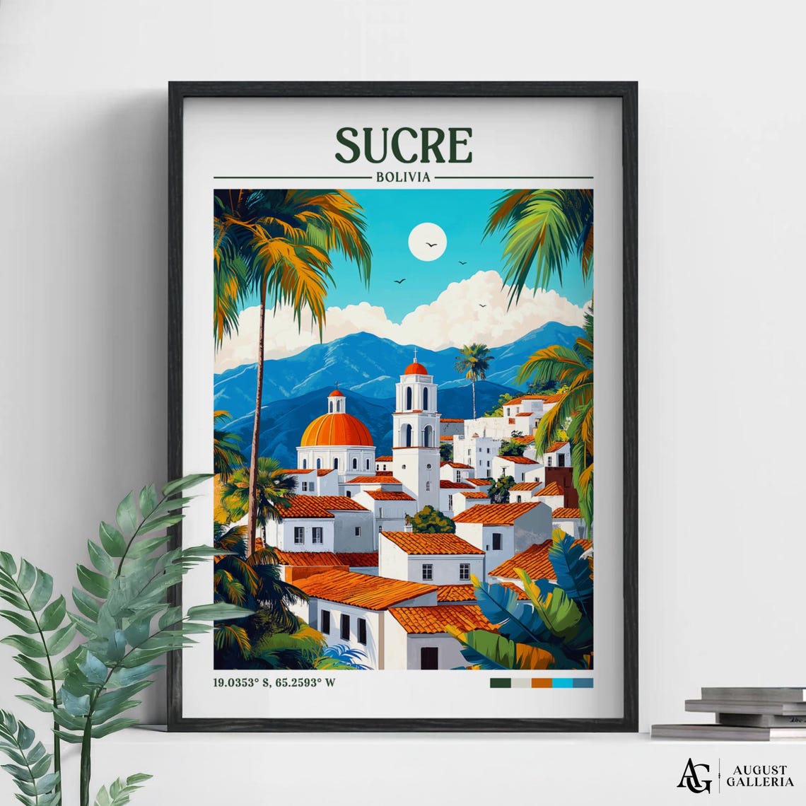 Sucre Bolivia Retro Travel Print Wall Art Framed Canvas Poster Illustration Wanderlust