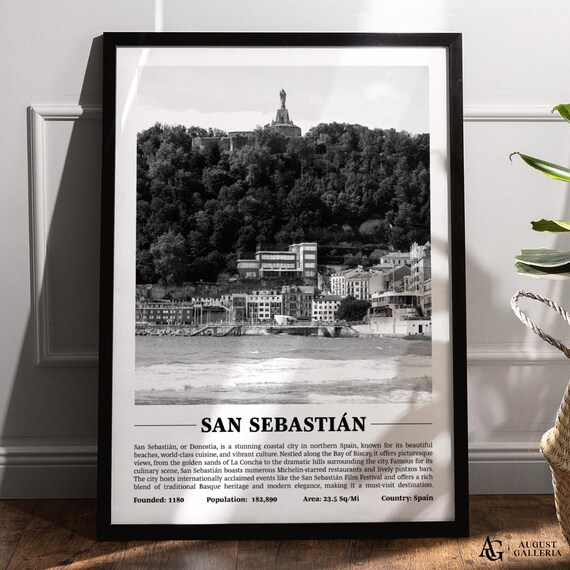 San Sebastian Donostia Hillside Fortress Bay Black White Travel Art Poster