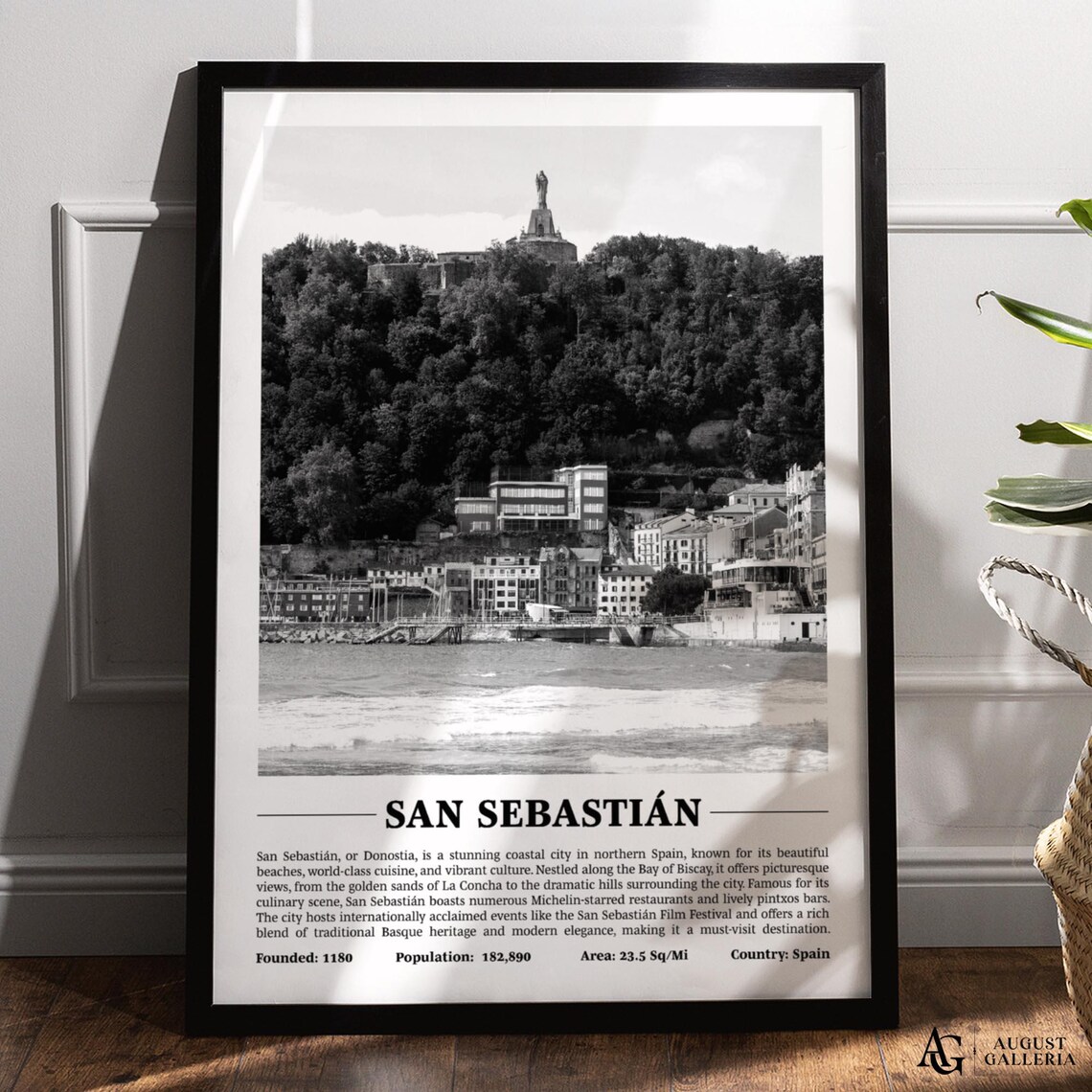 San Sebastian Donostia Hillside Fortress Bay Black White Travel Art Poster