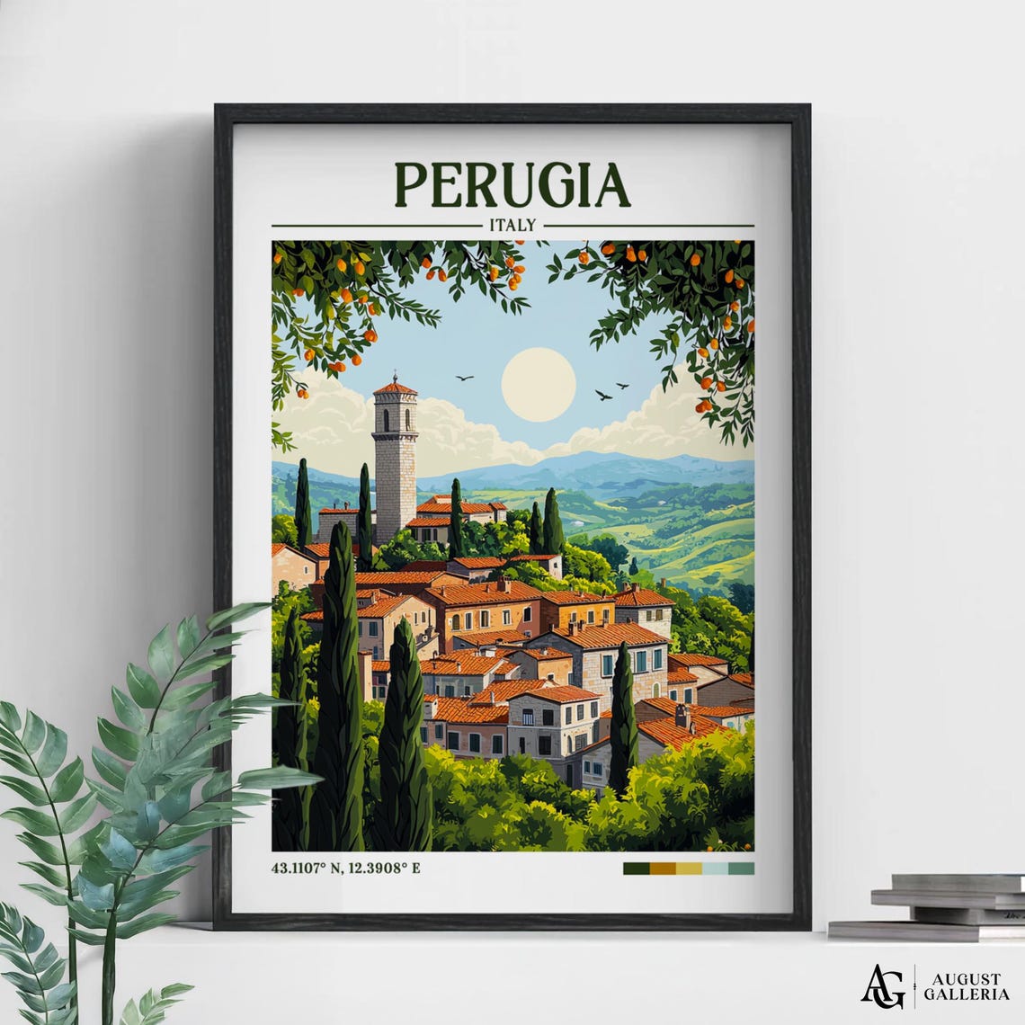 Perugia Italy Retro Travel Print Wall Art Framed Canvas Poster Illustration Wanderlust