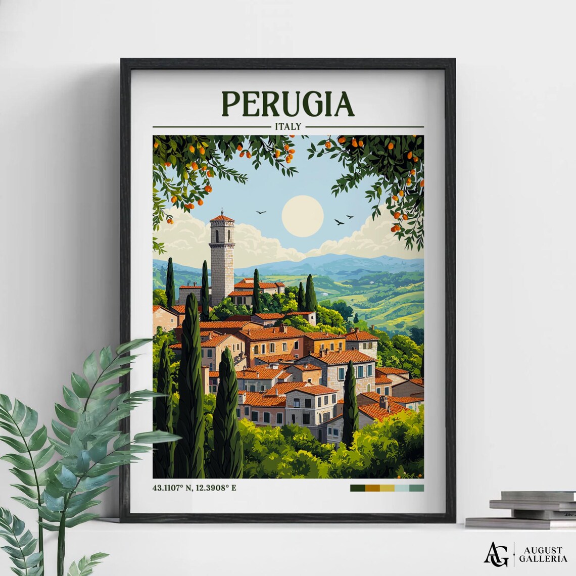 Perugia Italy Umbria Hills Vintage Countryside Travel Poster