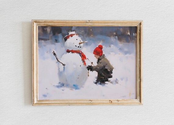 Child Carefully Building a Snowman in Fresh Falling Snow Poster