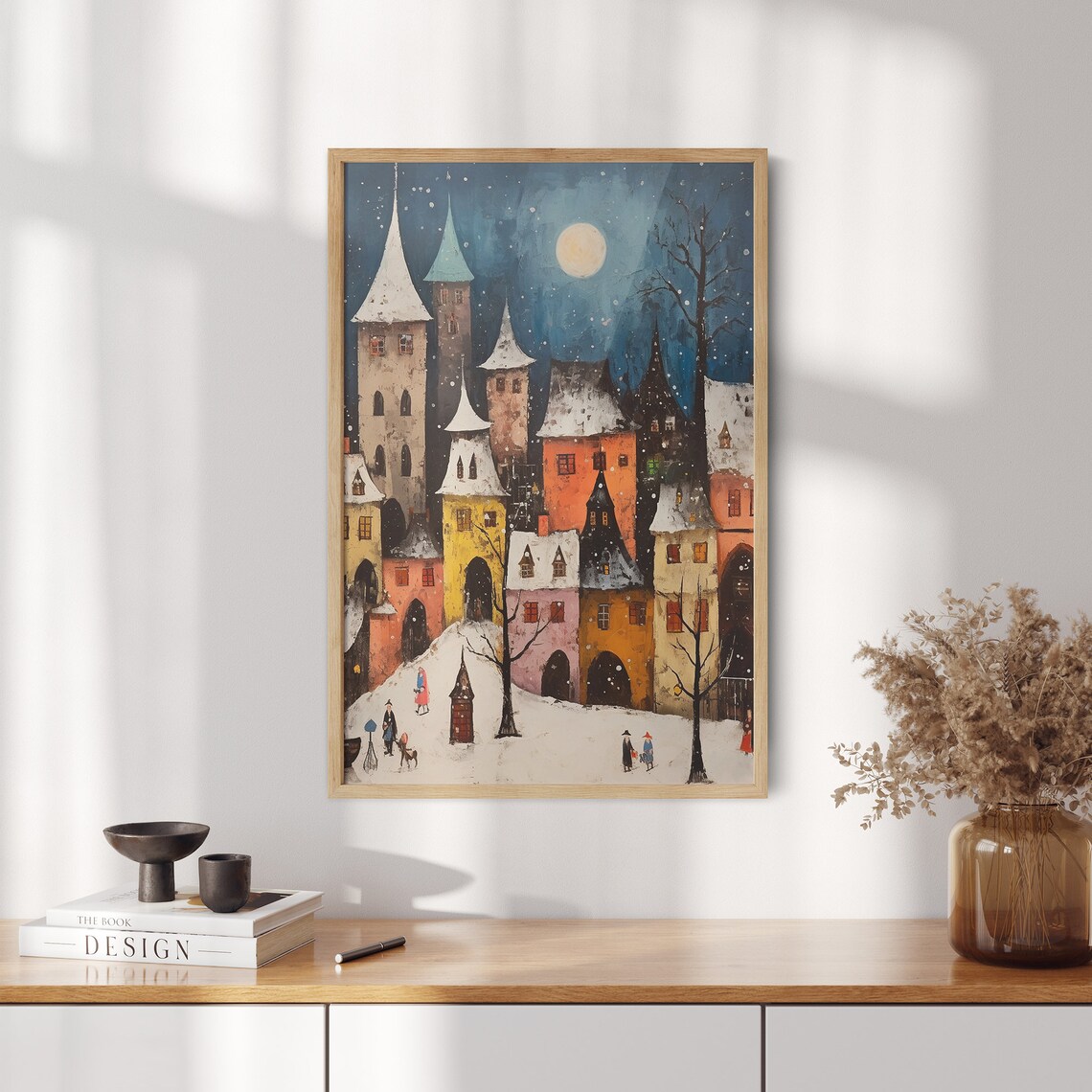 Whimsical Old Town of Colorful Towers Under Full Moon Snowy Night Poster - Image 2