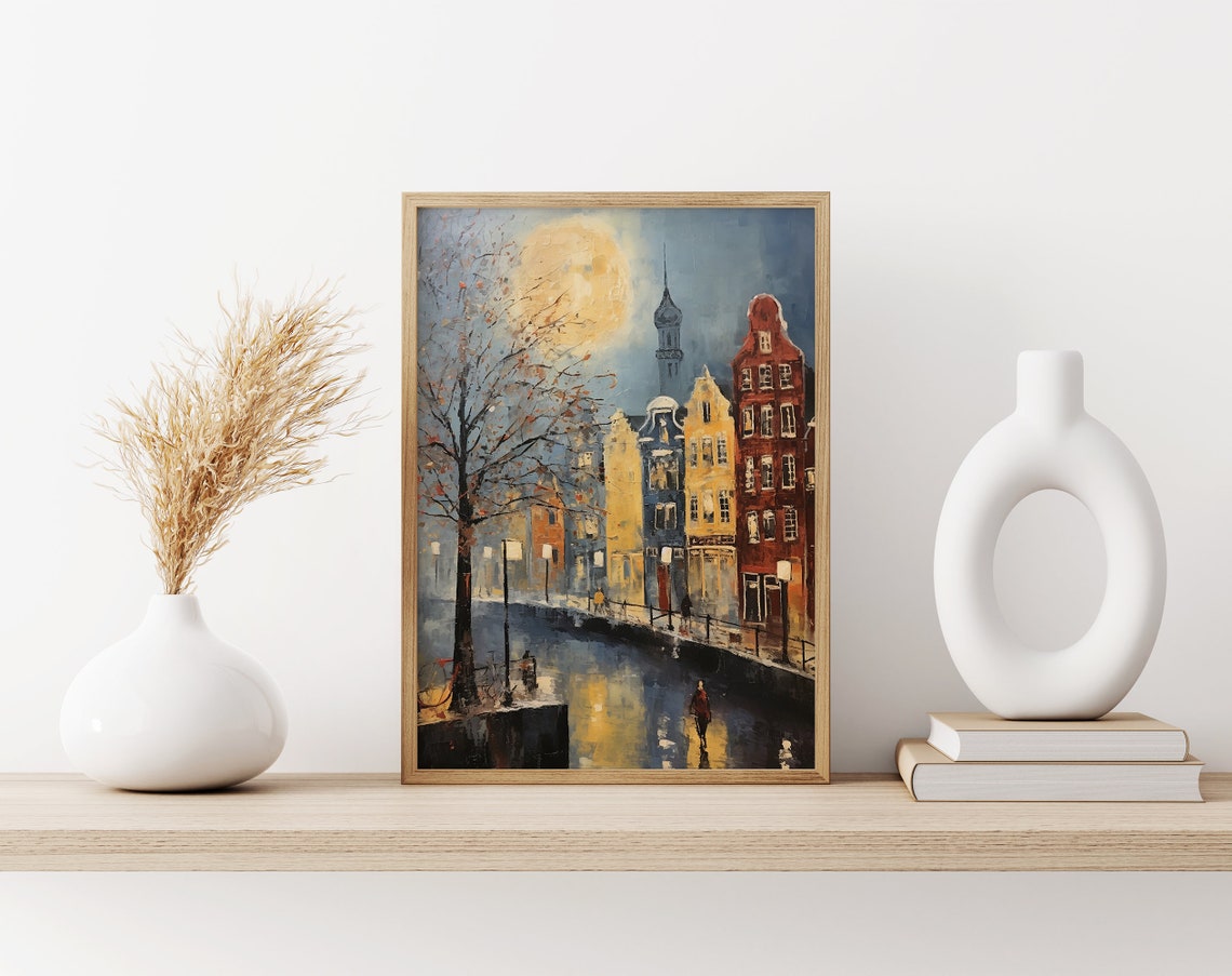Amsterdam Canal on Winter Night Under Huge Full Moon City Art Poster - Image 3