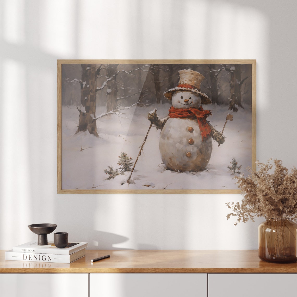 Cheerful Snowman Hiking with Walking Sticks in the Snow Poster - Image 3