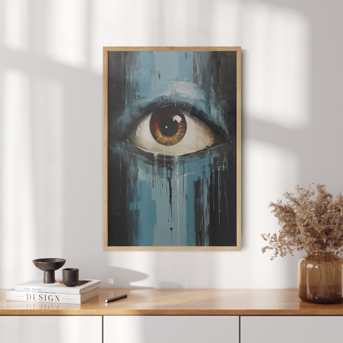 Intense Amber Eye Emerging from Dark Blue Brushwork Art Poster - Image 2