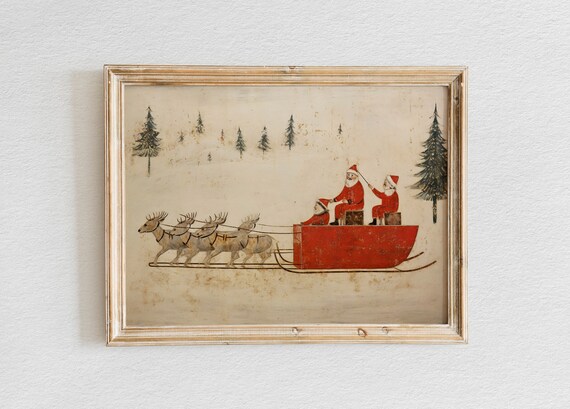 Santa and His Helpers Riding Red Reindeer Sleigh Vintage Folk Art Poster