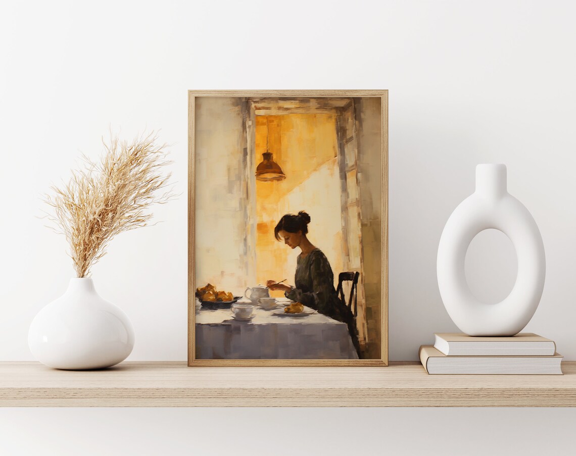 Woman Enjoying Breakfast in Warm Morning Light Impressionist Poster - Image 3