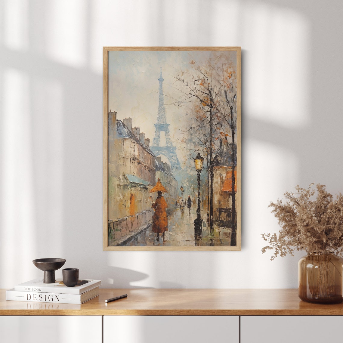 Eiffel Tower Rainy Paris Street Orange Umbrella Cityscape Poster - Image 2