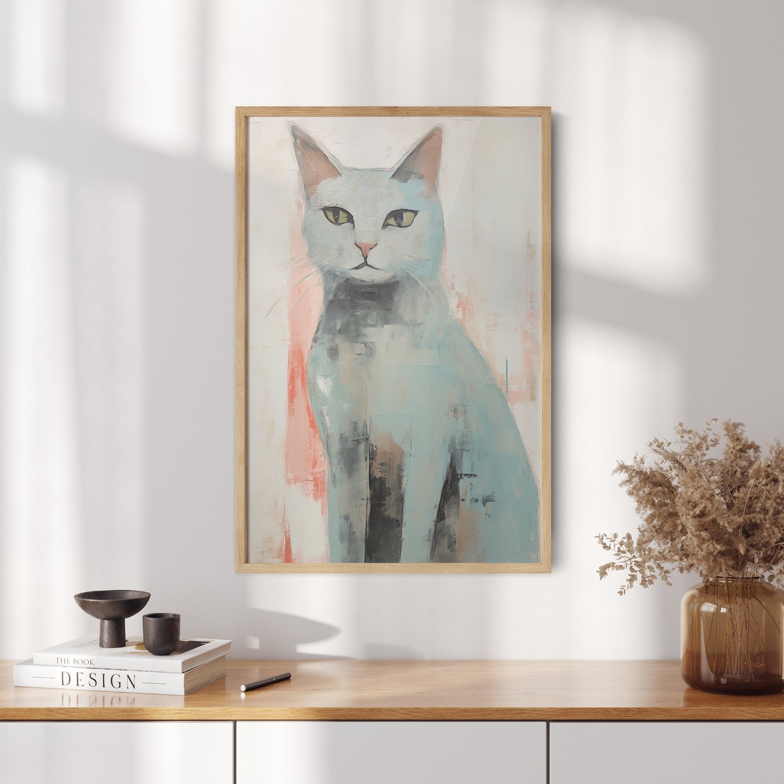 Minimalist Gray Cat Portrait Against a Soft Pink Background Poster - Image 2
