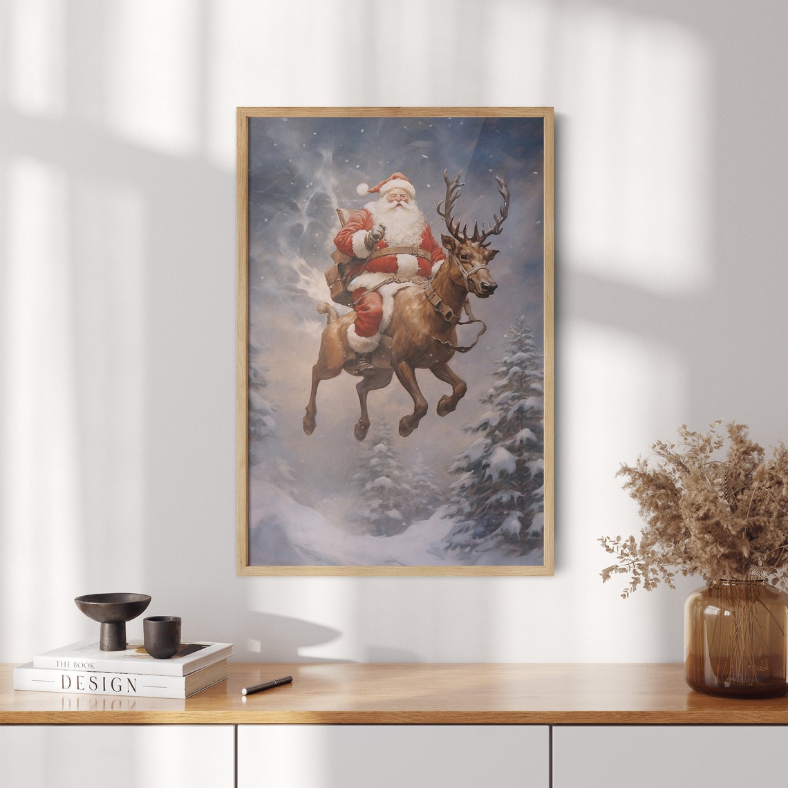 Santa Claus Riding a Flying Reindeer Through the Night Sky Poster - Image 2