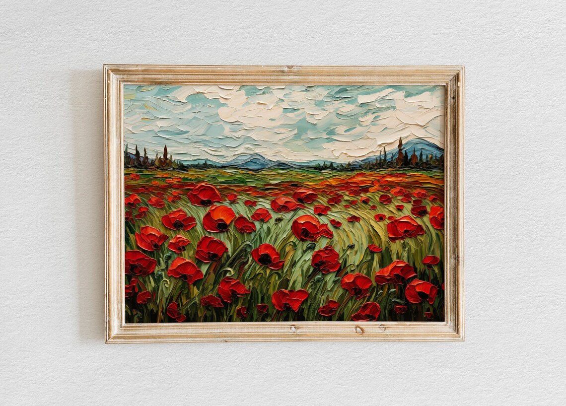 Red Poppies Impasto Field Mountain Landscape Textured Art Poster