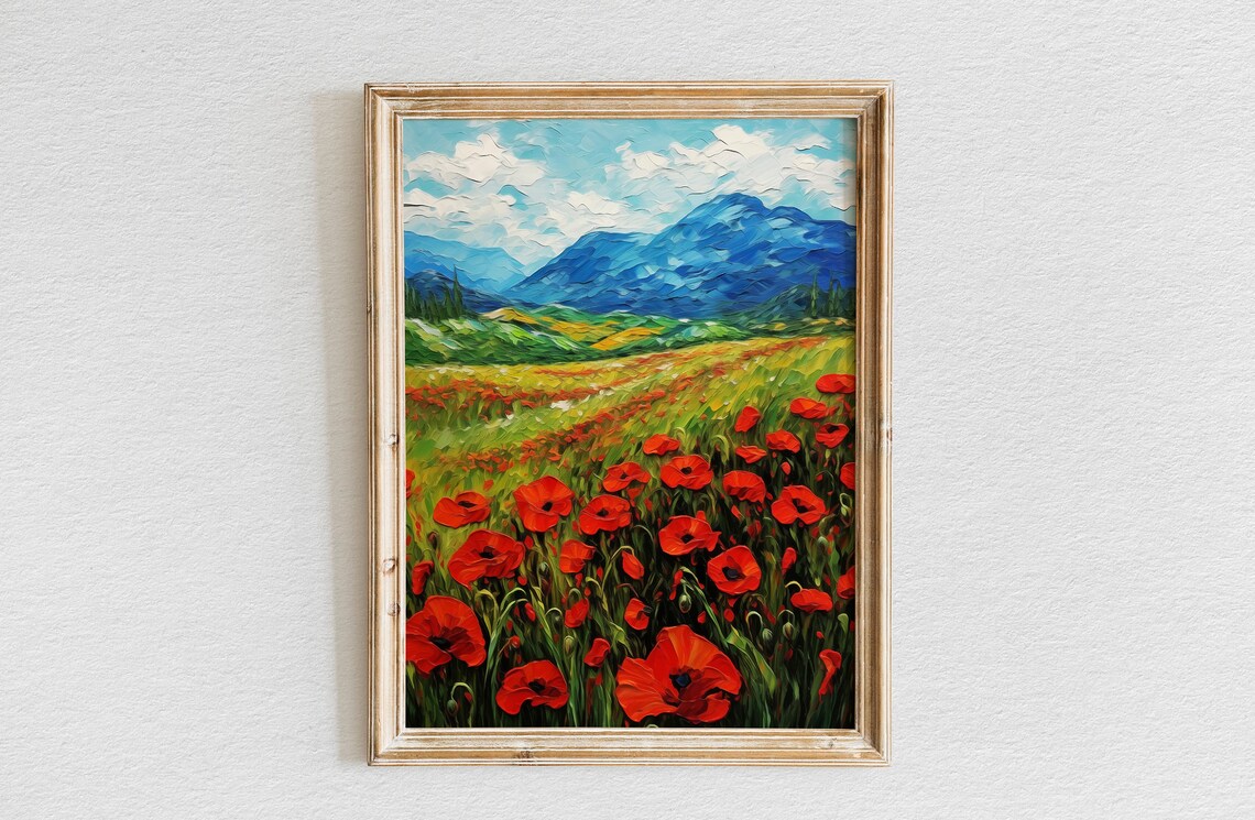 Red Poppy Field Mountain Landscape Impasto Oil Painting Scene Poster