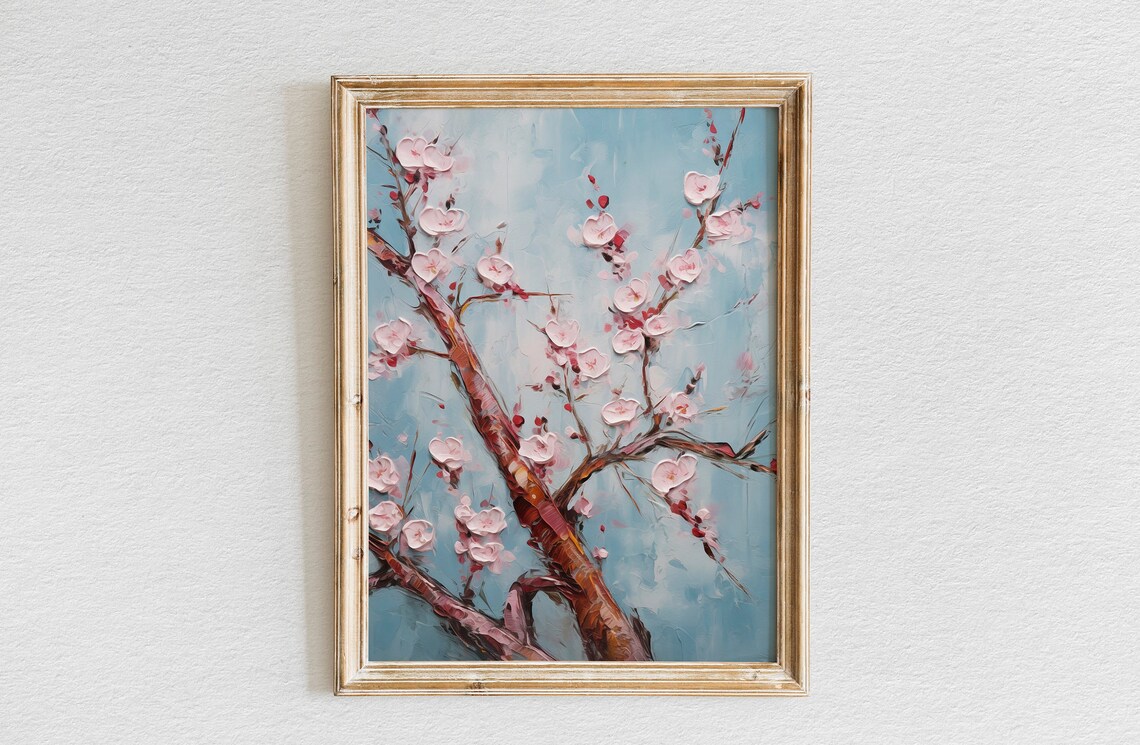 Pink Cherry Blossom Branches Oil Painting on Blue Sky Poster