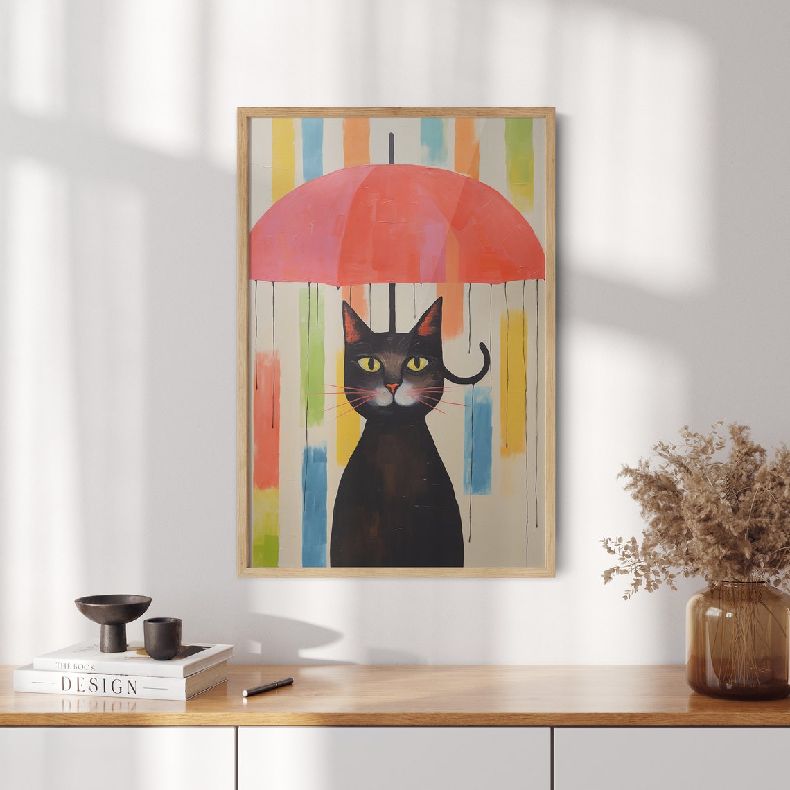 Black Cat Holding a Red Umbrella in the Colorful Rain Poster - Image 2