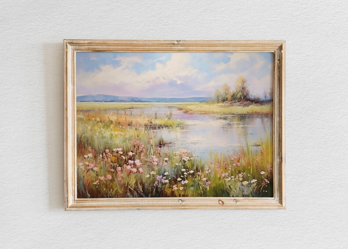 Wildflower Meadow Beside a Calm River Pastel Landscape Poster