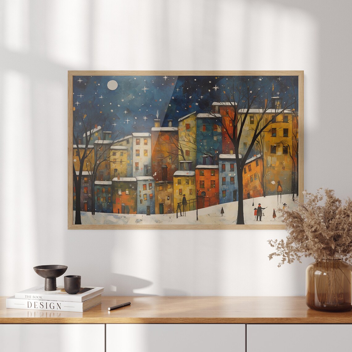 Vibrant Snowy City Skyline of Colorful Buildings on Starry Night Poster - Image 3