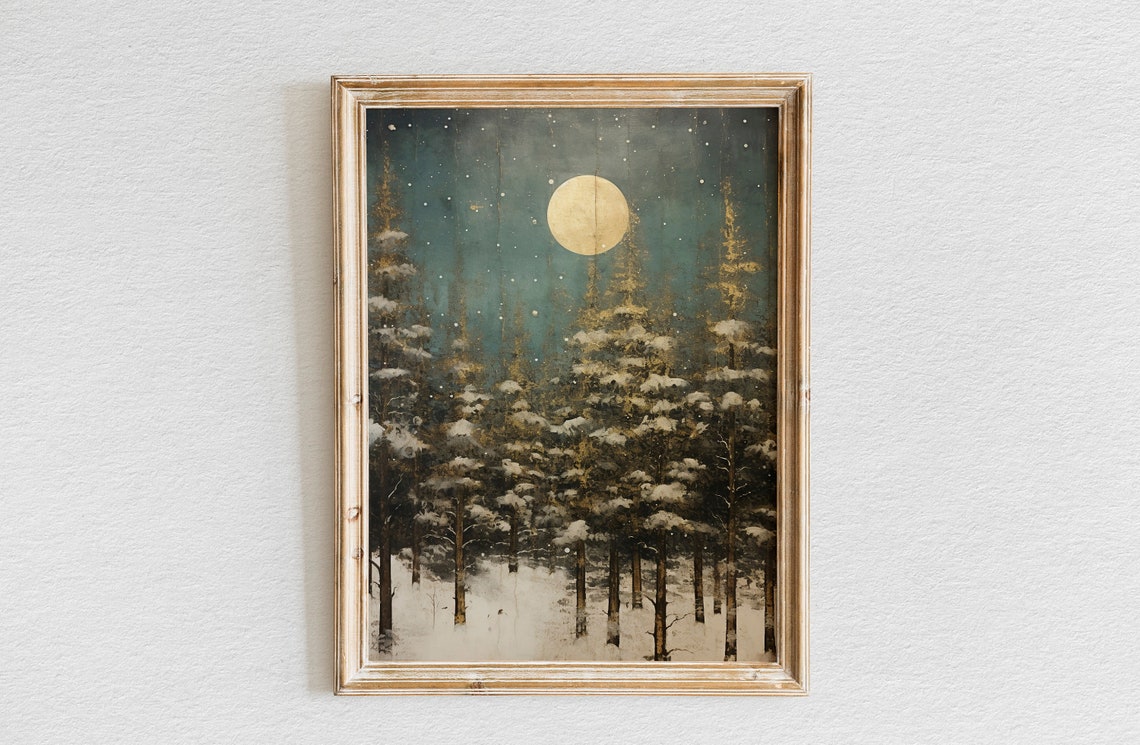 Moonlit Snowy Pine Forest Golden Moon Vintage Winter Night Poster