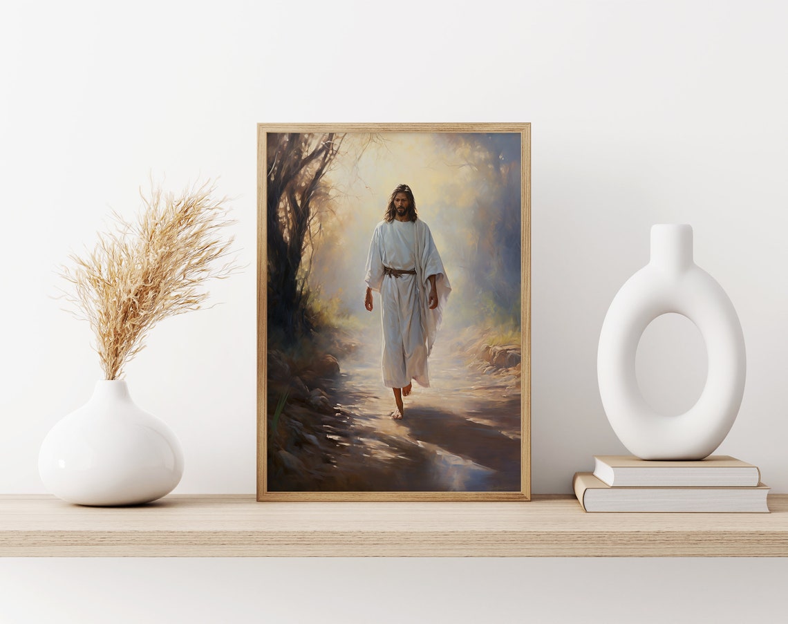 Jesus Walking Barefoot Forest Path Morning Light Christian Art Poster - Image 3