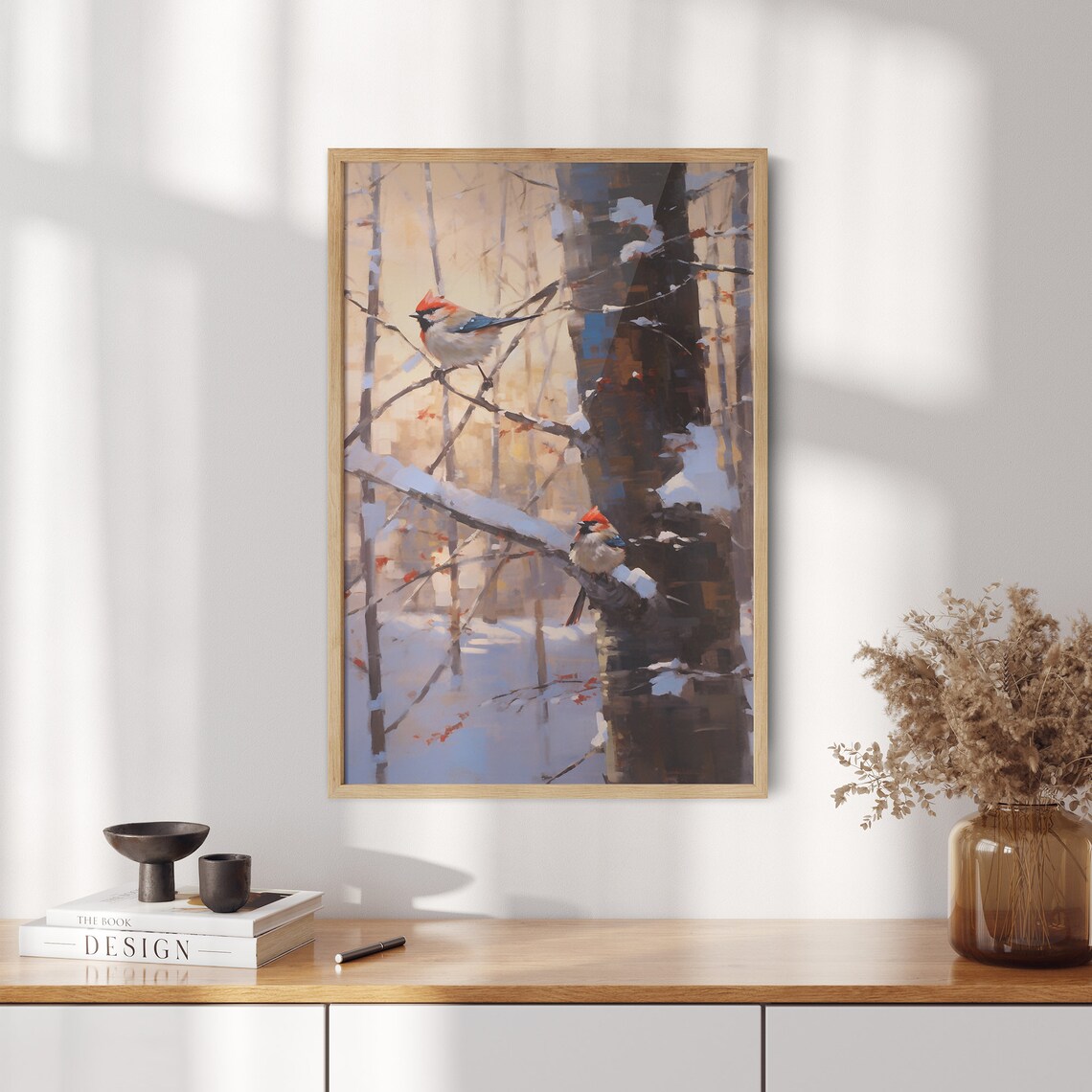Two Songbirds Perched on Snowy Branches in Glowing Winter Forest Poster - Image 2