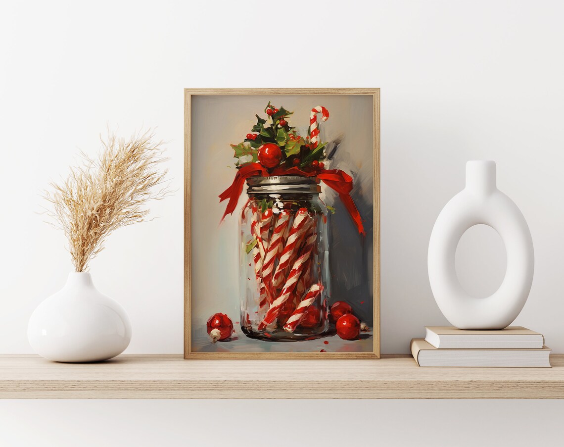 Striped Candy Canes in Glass Mason Jar with Holly and Red Ribbon Poster - Image 3