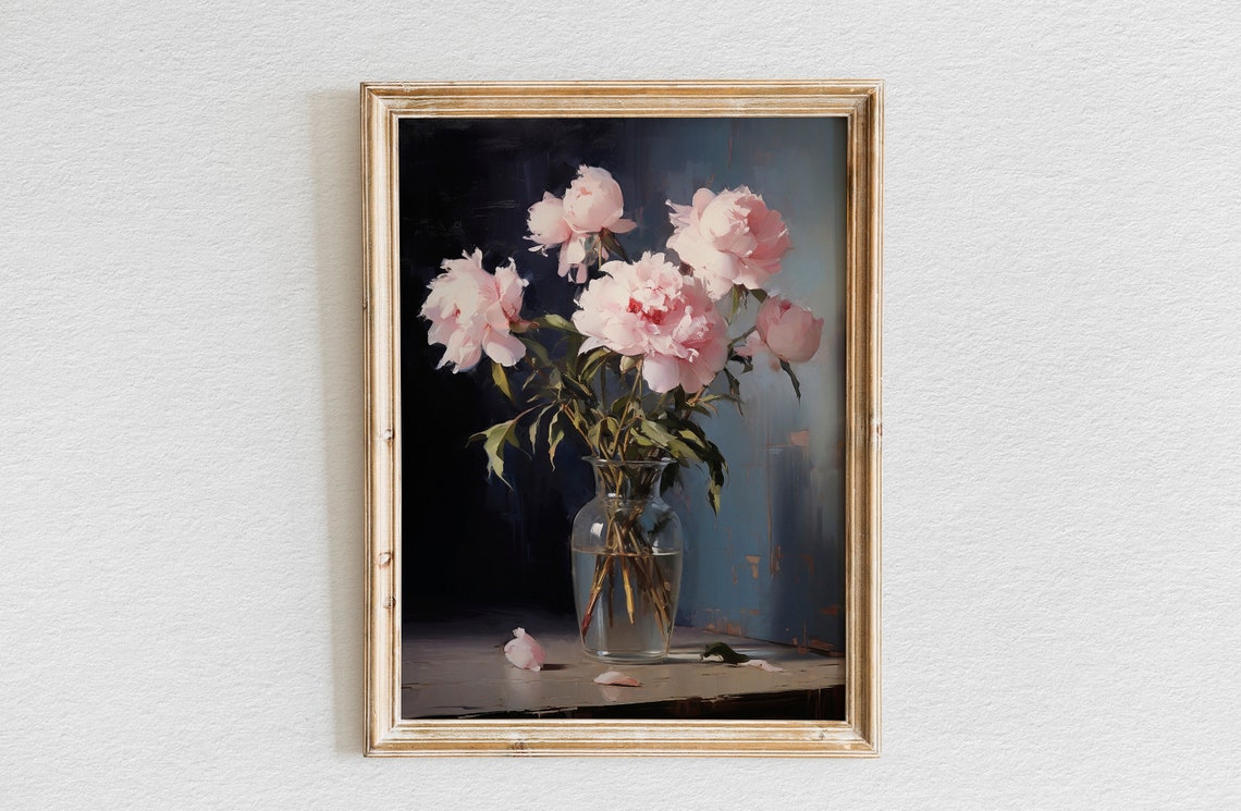 Pink Peonies Oil Painting Moody Pink Peonies Painting Vintage Art Print Flower Print Farmhouse Decor Wall Art Wall Decor