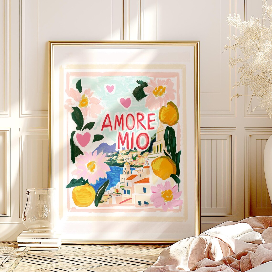 Amore Mio Positano Italy Lemon Poster with Pink Flowers and Hearts