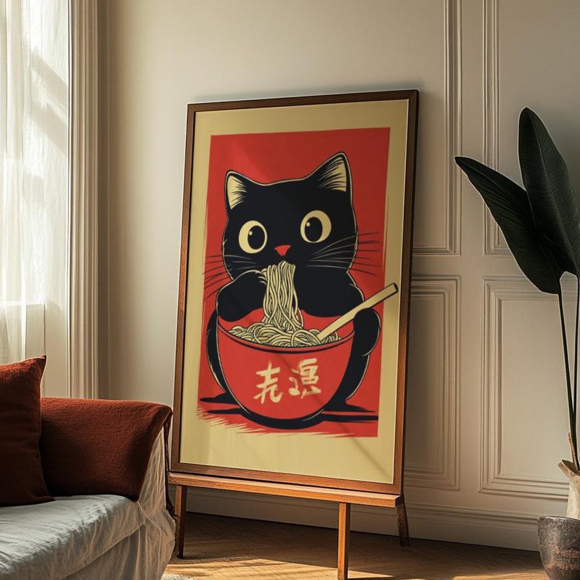 Black Cat Eating Ramen Bowl Retro Japanese Red Kitchen Poster