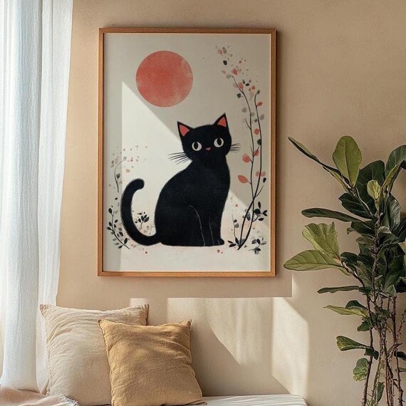 Charming Cat Art Poster Whimsical Black Cat Wall Decor Cute Animal Print Home Aesthetic Art Gift For Cat Lovers Vintage Style Print