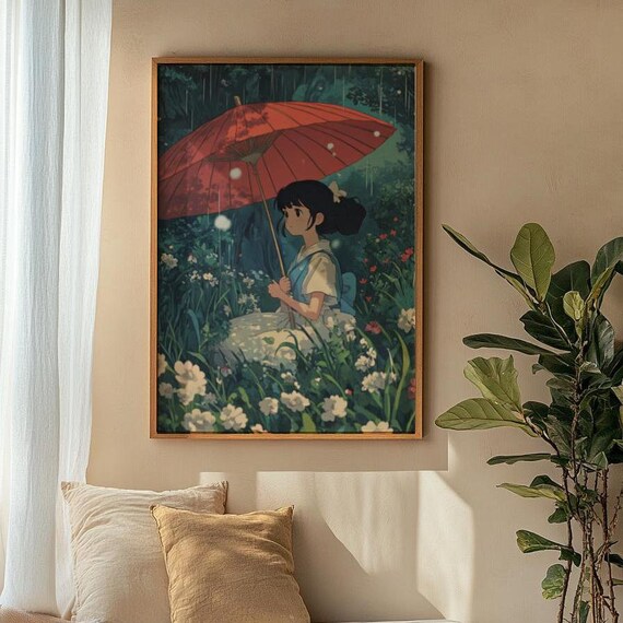 Anime Girl With Red Umbrella In Rainy Flower Garden Illustration Poster