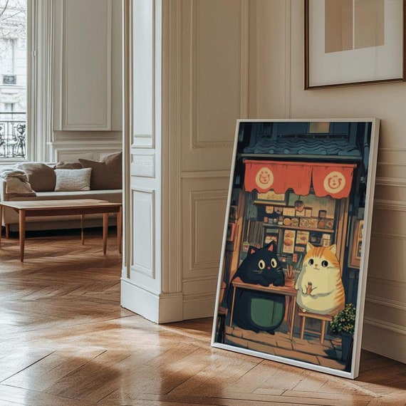 Whimsical Cat Restaurant Posters, Ghibli-Inspired