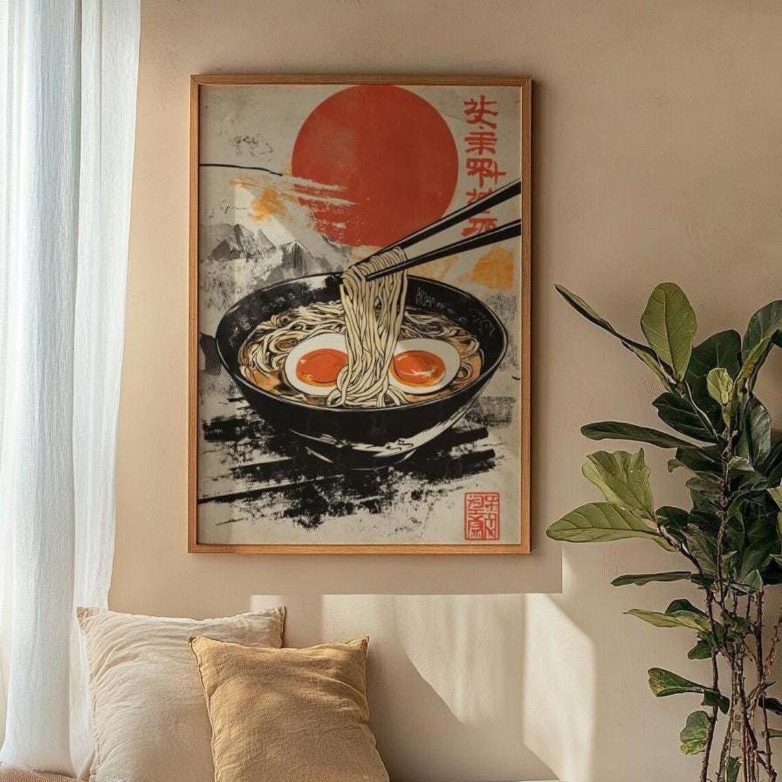Japanese Ramen Bowl Noodle Art With Vintage Red Sun Kitchen Poster
