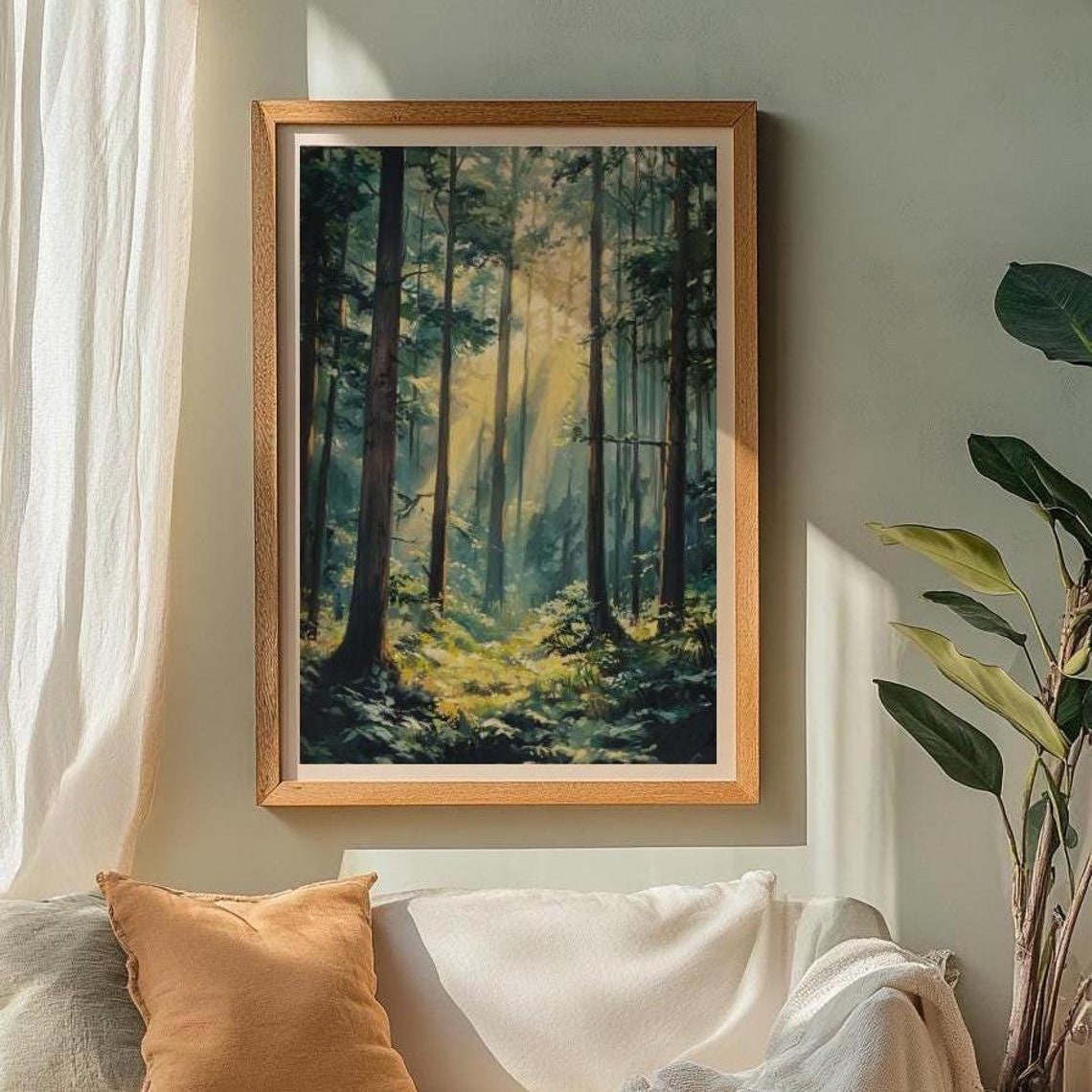 Sunbeams Filtering Through Tall Serene Forest Painterly Art Poster