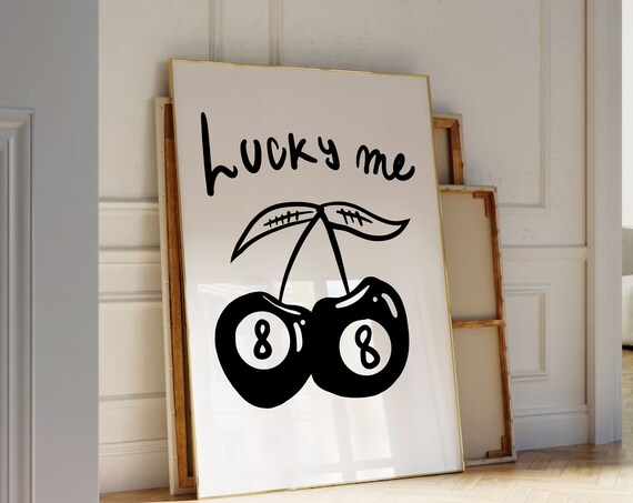 Cute Lucky Me Eight Ball Cherry Doodle Black and White Wall Art