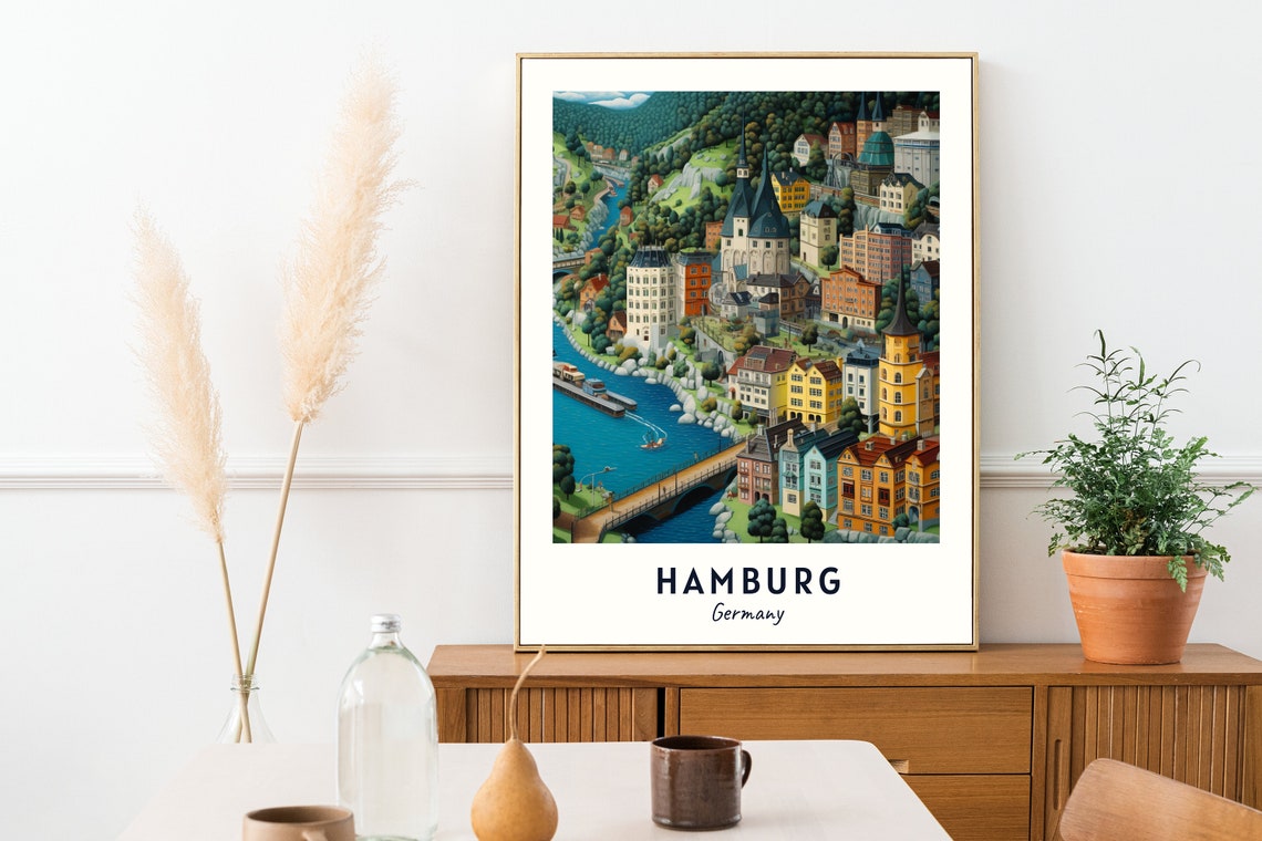 Hamburg Germany Riverside Hills Town Bridge Travel Poster Home Decor - Image 2