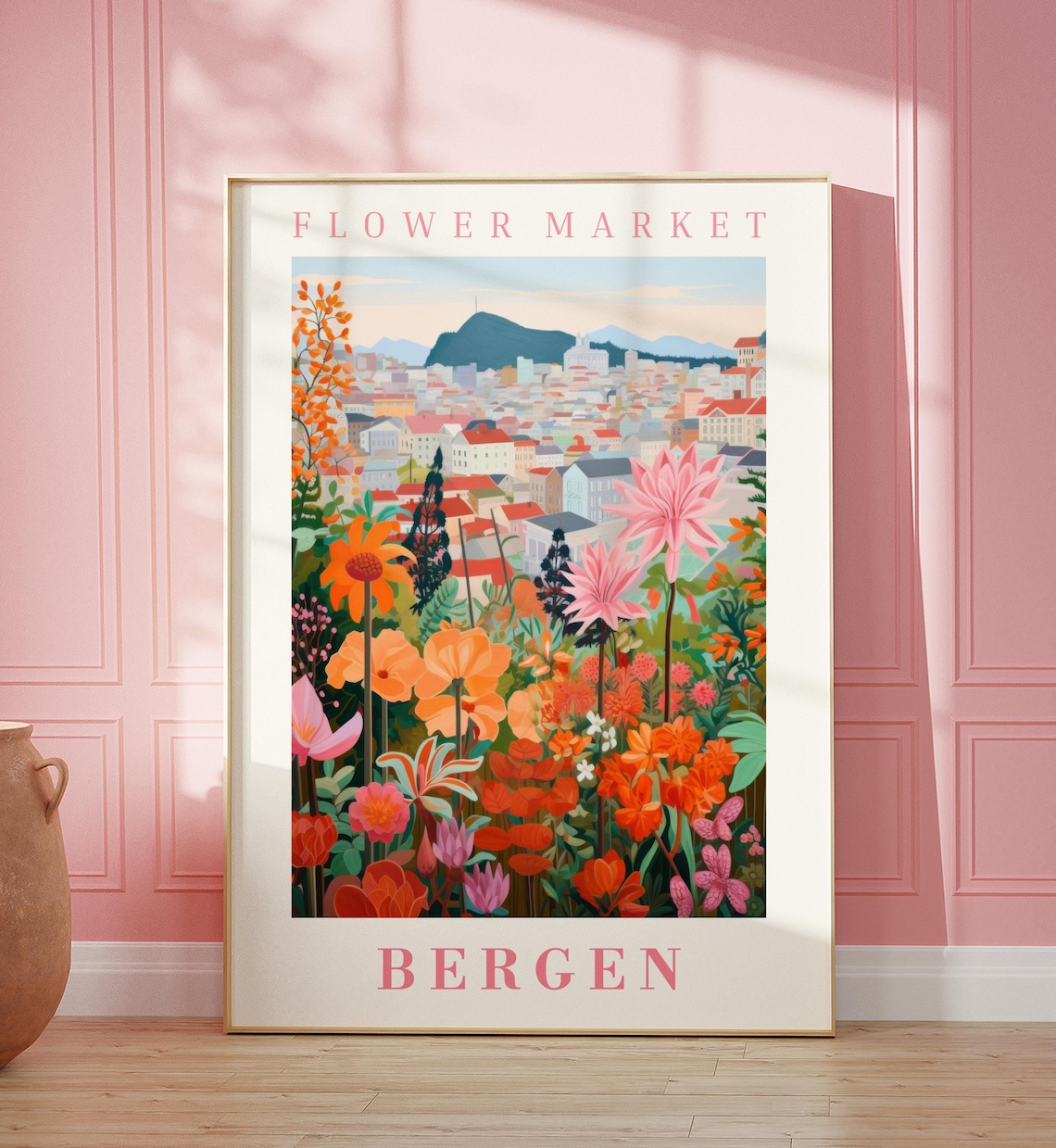 Bergen Norway Flower Market Fjord Mountain Town Bloom Travel Poster