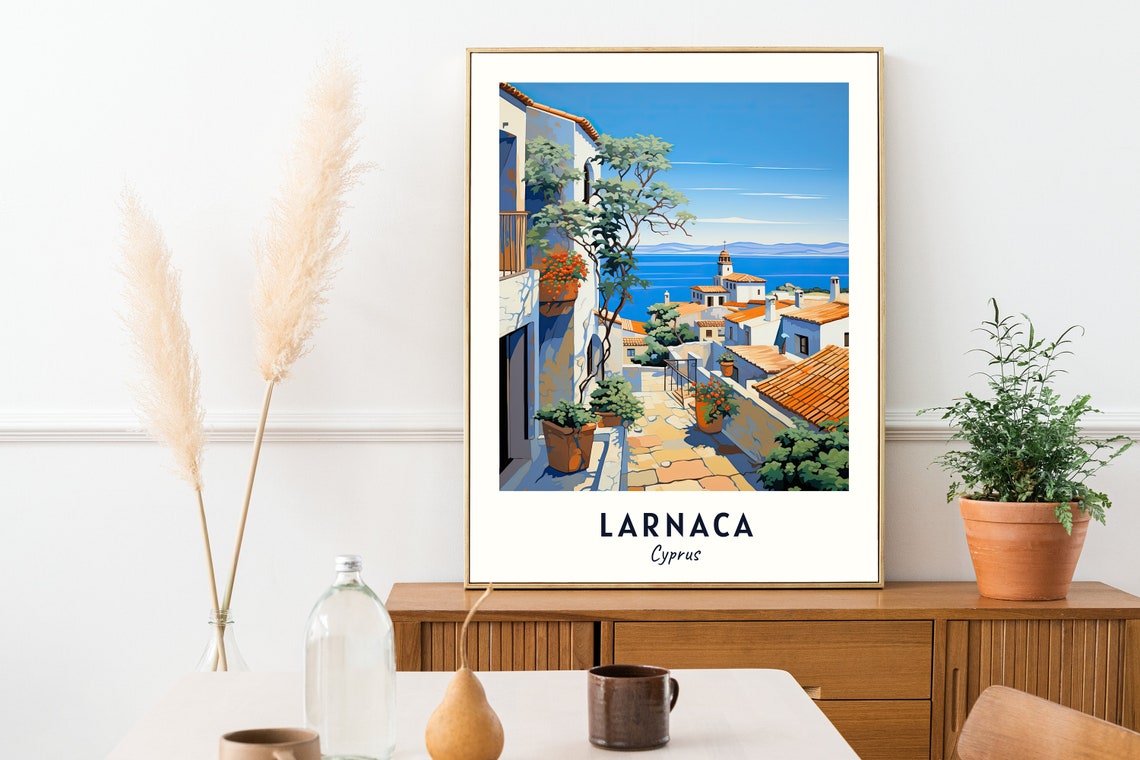 Larnaca Cyprus White Village Lane Sea View Minimalist Travel Poster - Image 2