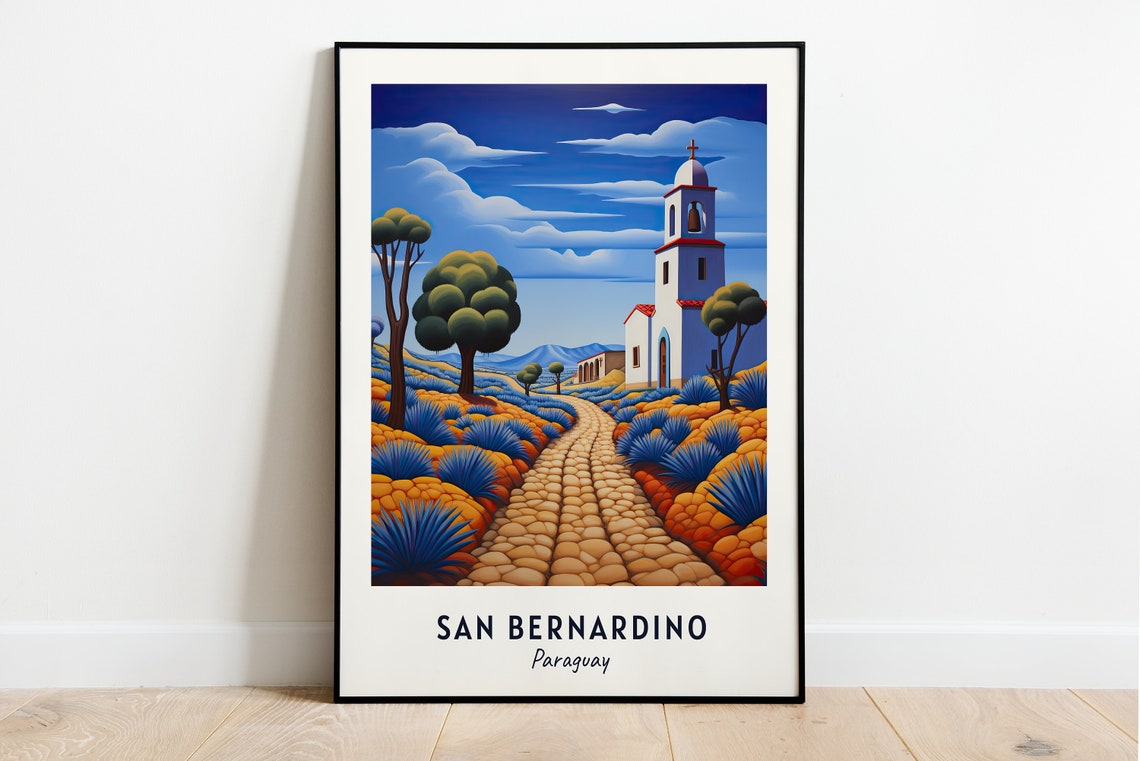 San Bernardino Paraguay Church Cobblestone Road Travel Poster