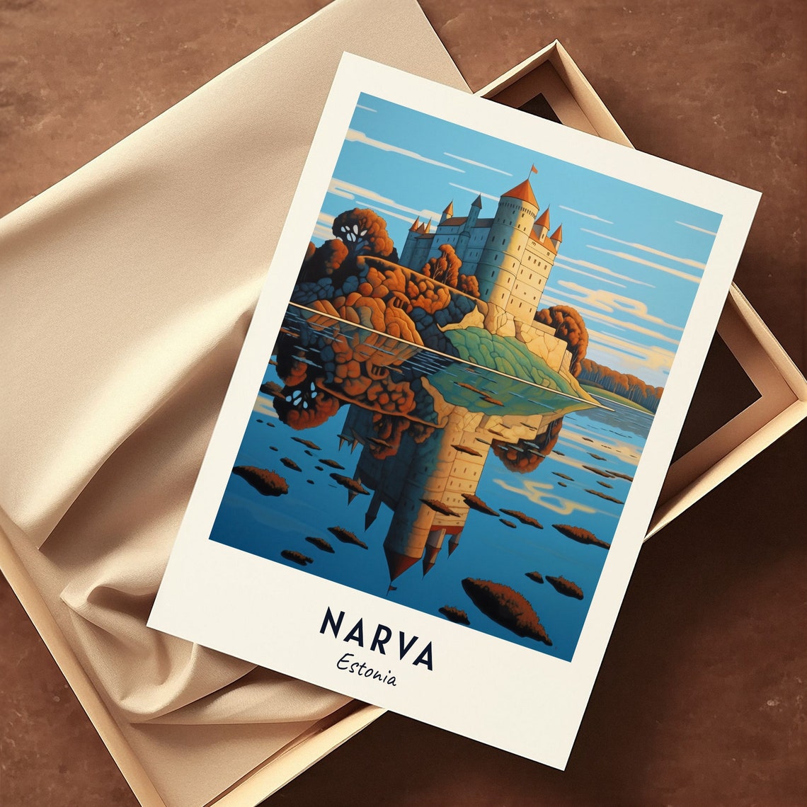 Narva Estonia Riverside Fortress Reflection Art Travel Poster - Image 3