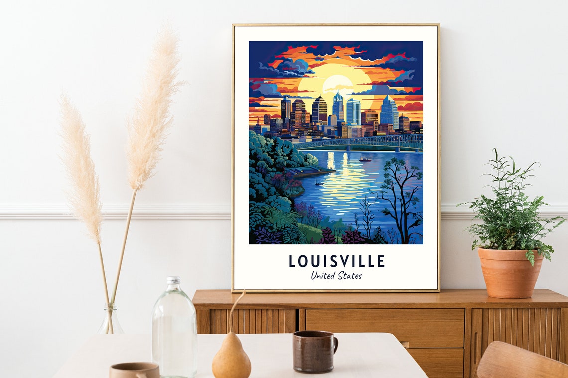 Louisville Kentucky Skyline Sunset River Bridge Travel Poster - Image 2