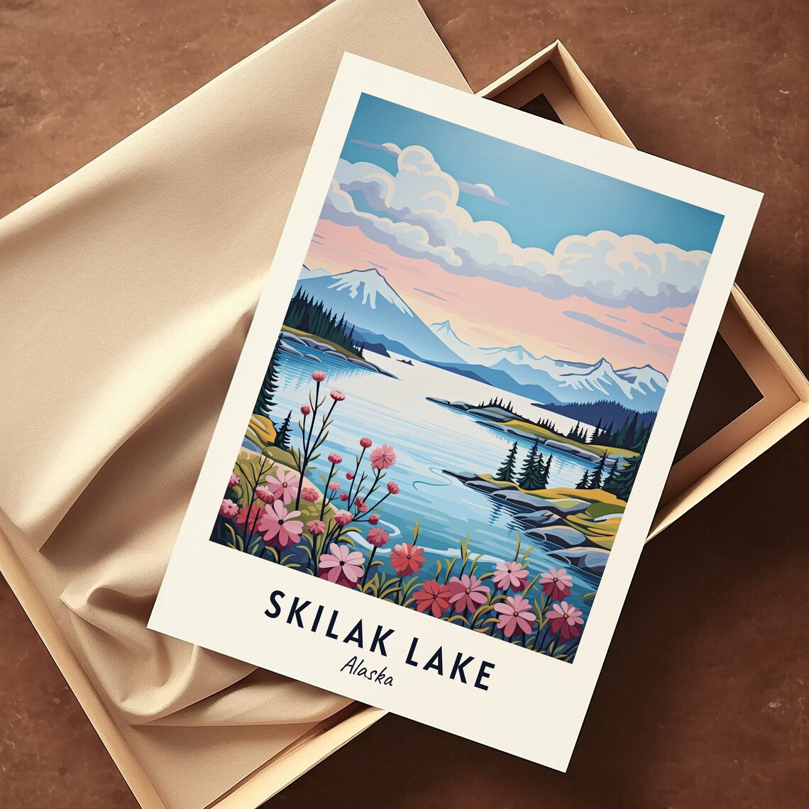 Skilak Lake Alaska Wildflower Shore Snowy Mountain Lake Day Poster - Image 3