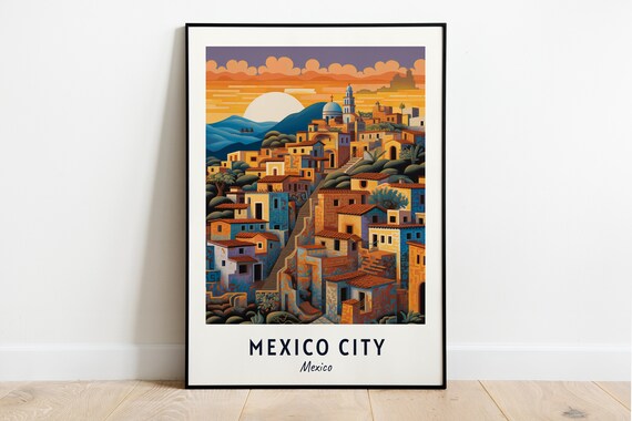 Mexico City Mexico Hillside Old Town Sunset Mountains Travel Poster