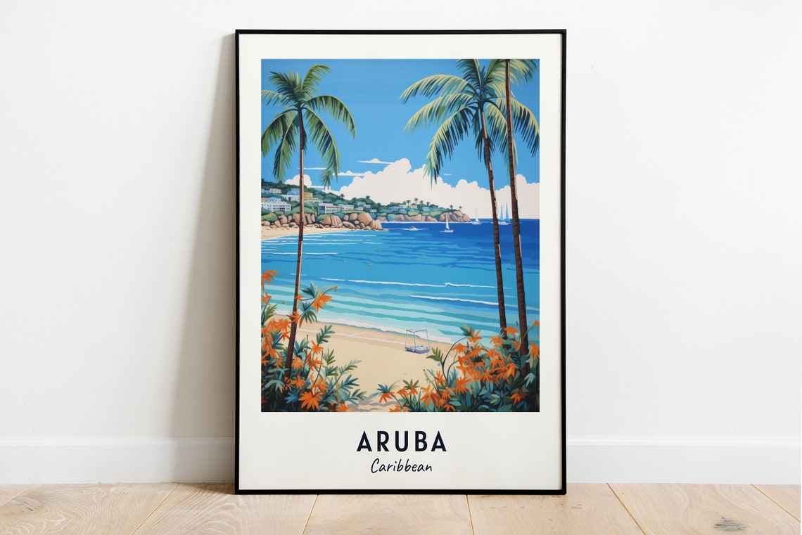 Aruba Caribbean Palm Beach Turquoise Water Sailboats Travel Poster