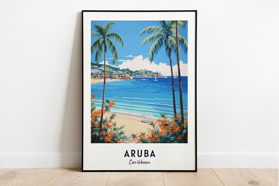 Aruba Caribbean Palm Beach Turquoise Water Sailboats Travel Poster