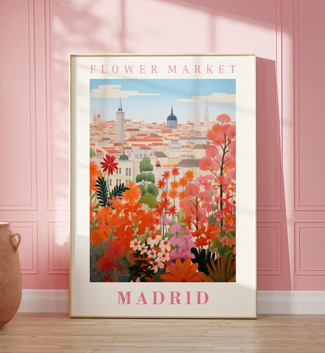 Madrid Spain Flower Market Rooftop Sunset Bloom Travel Poster