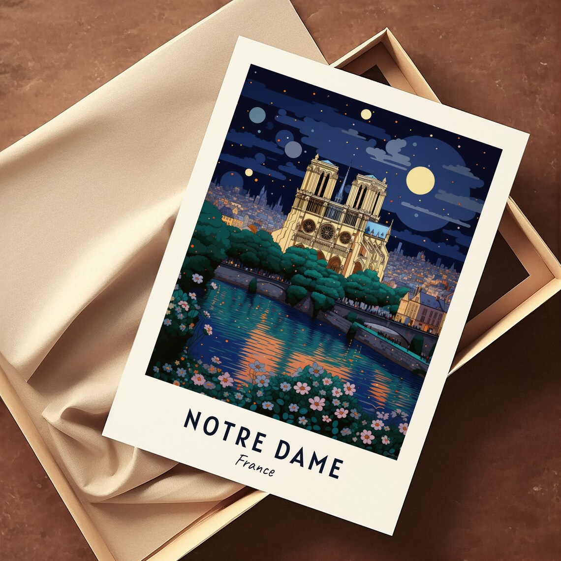 Notre Dame France Cathedral Moonlit Night Seine River Poster - Image 3