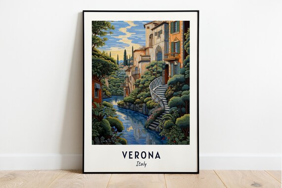 Verona Italy Canal Stone Staircase Gardens View Art Travel Poster