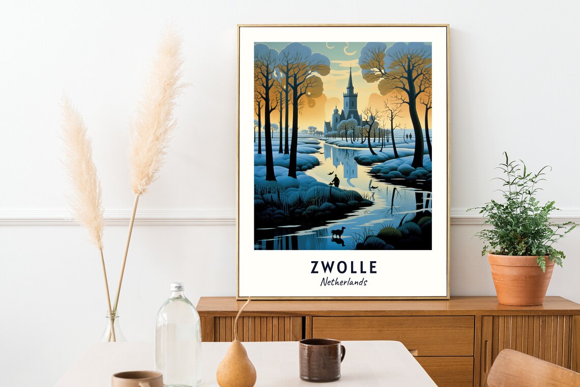 Zwolle Netherlands Winter Canal Church Tower Sunset Travel Poster - Image 2