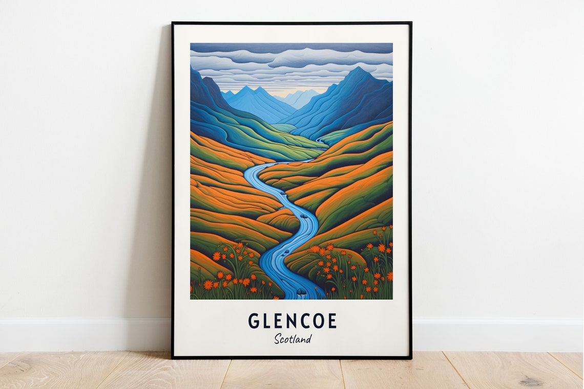 Glencoe Scotland Valley River Autumn Landscape Travel Poster